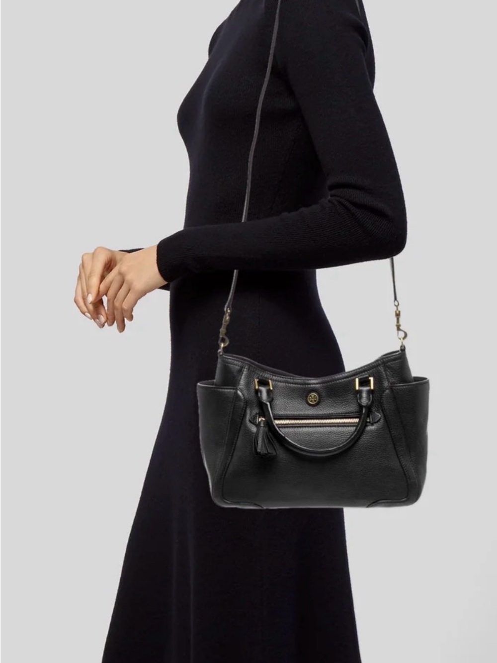 Tory Burch Frances Black Leather Satchel Bag with matching wallet
